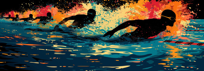 Swimming sport illustration. Silhouette of male swimmers and splash  water, banner for swimming competition