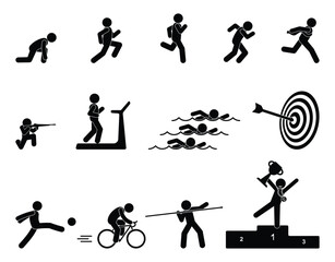 sport icon set, stick figure man icon, isolated human silhouette, stickman competes and wins, sports equipment