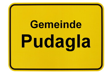 Illustration eines Ortsschildes der Gemeinde Pudagla in Mecklenburg-Vorpommern - obrazy, fototapety, plakaty