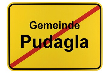 Illustration eines Ortsschildes der Gemeinde Pudagla in Mecklenburg-Vorpommern - obrazy, fototapety, plakaty