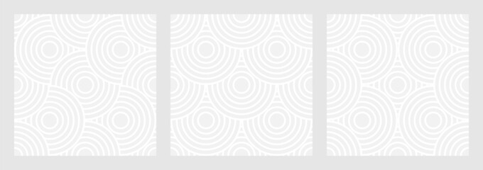 Set of seamless gray patterns of circles arcs lines to create fabric and wallpaper, easy background for Christmas card. Geometric white shapes in trendy retro style for cover decoration. - 793843639