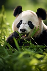 Panda eating bamboo. A panda chewing on bamboo. Vertical orientation. Panda Munching Bamboo Leaves