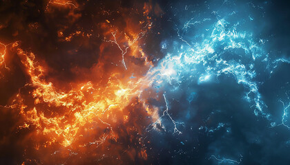 Hot orange and cold blue electrical lightning background  