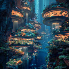 An illustration of an underwater city with glass domes and waterfalls.