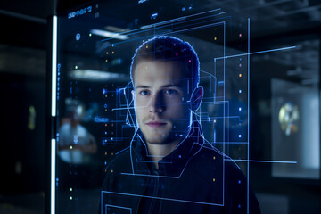 Face recognition technology concept. Young man in the biometric identification process.