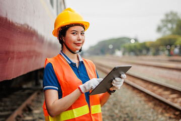 Train locomotive engineer women worker. Young teen Asian working check service maintenance train using tablet computer software. - 793844075