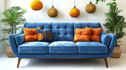 Flat modern illustration of a comforting blue sofa with armrests and a wooden decor. Cartoon furniture with design elements for an office, living room or lounge. - obrazy, fototapety, plakaty