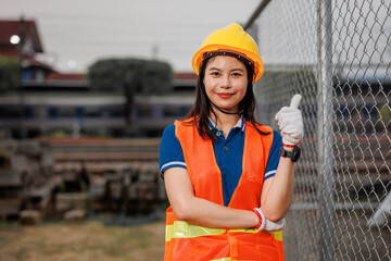 portrait Asian young teen engineer worker standing happy smile outdoor waring safety reflective with hardhat. - 793844215