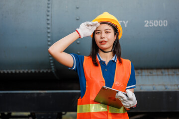 Tired exhausted women worker. engineer train service maintenance locomotive hot sweating. - 793844220