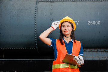 Train locomotive engineer women worker. Young teen Asian working check service maintenance train using tablet computer software. - 793844222