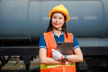 portrait train locomotive engineer women worker. young Asian teen happy smiling enjoy working check service maintenance train with tablet. - 793844237