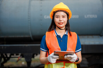 portrait train locomotive engineer women worker. young Asian teen happy smiling enjoy working check service maintenance train with tablet. - 793844238