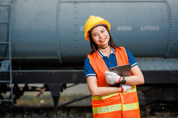 portrait train locomotive engineer women worker. young Asian teen happy smiling enjoy working check service maintenance train with tablet.