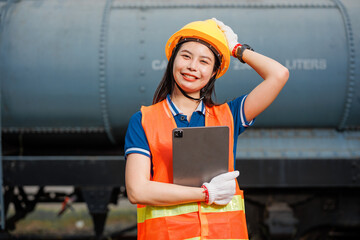 portrait train locomotive engineer women worker. young Asian teen happy smiling enjoy working check service maintenance train with tablet. - 793844268