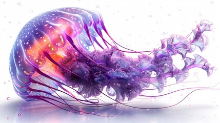 Fototapeta premium Modern illustration of bright and vibrant jellyfish with tentacles. Violet medusa isolated on white background. Swimming underwater creature. Illustration in flat modern format.