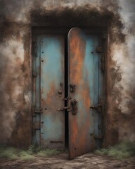 Mystic wooden door, pathway leading through, concept of opportunity and mystery, Generative AI.