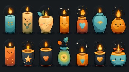 Decorative elements of different shape and color for the home in jars and cups. Set of modern burning candles in jars and cups. Isolated modern illustration on black background.