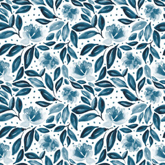 Watercolour floral in blue, teal and white. Seamless pattern.  - 793845026