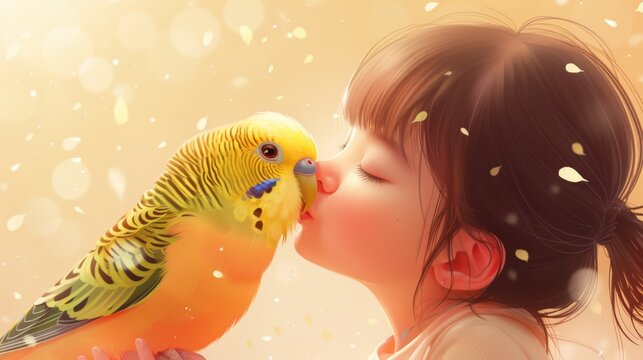 An adorable little girl holding a cute adorable budgie on a white background depicts a child kissing a parrot.