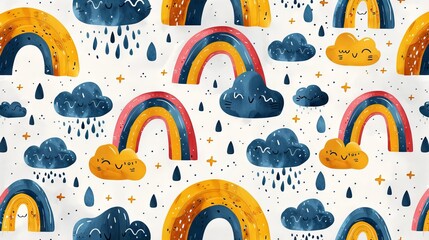 The seamless pattern includes rainbows and rain clouds in a doodle style. Scandinavian children's background.