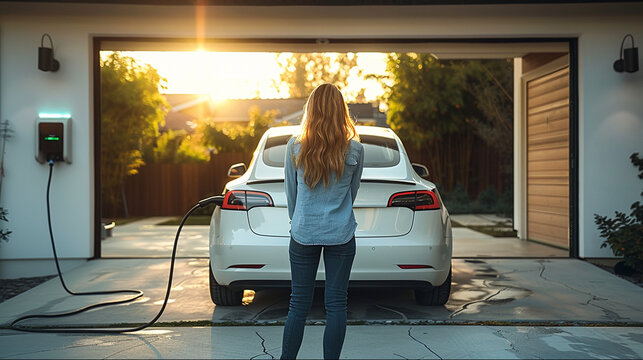 Golden sunset electric car charging