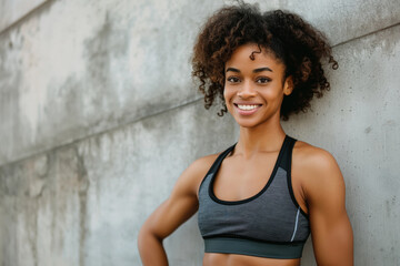 Young woman in sportswear beams with confidence against concrete backdrop
