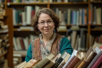 Cheerful female librarian in glasses poses with a warm smile in a library setting