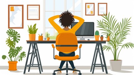 The illustration shows the person exercising and stretching during a break after work at a desk with a computer. Healthy lifestyle, fitness training at home.