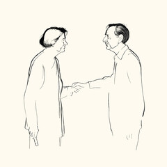 Elderly Men and Women Hold Their Hands Line Drawing Engraved Style