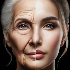 Anti-aging. Two halves of a face with an old and a young half. Comparing old and young. Life extension. Biological clock. Reversal of aging. Biological immortality. Anti-ageing. Generative AI
