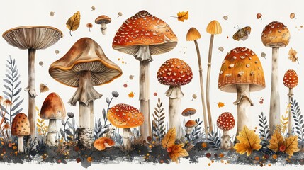 Composition of autumn mushrooms with stalks and caps in doodle style. Fresh food from the woods. Flat modern illustration isolated on white. - obrazy, fototapety, plakaty