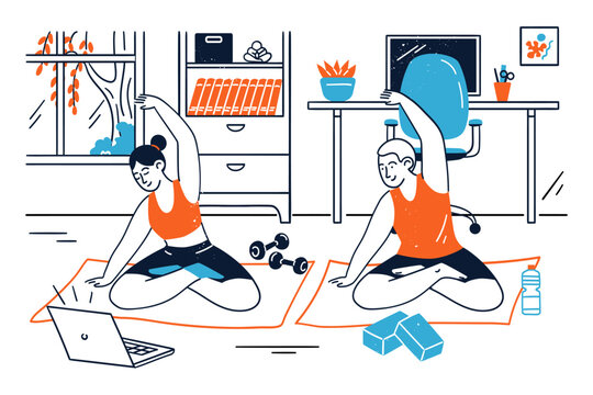 Young family couple characters enjoying online training at home