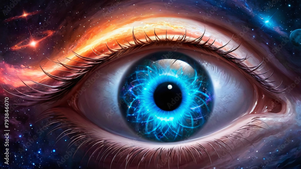 Poster eye in space with stars and nebulae. 3d rendering
