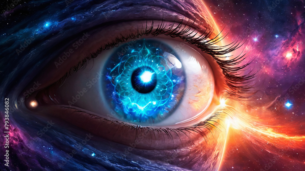 Poster eye in space with stars and nebulae. 3d rendering