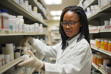 Focused female pharmacist restocks or organizes various medications in a pharmacy - Powered by Adobe