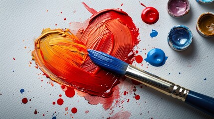 An illustration of a hand holding a brush drawing a heart on paper with gouache paint, its palette, and a canvas, atop a white background. An illustration of a young girl painting a picture for - obrazy, fototapety, plakaty