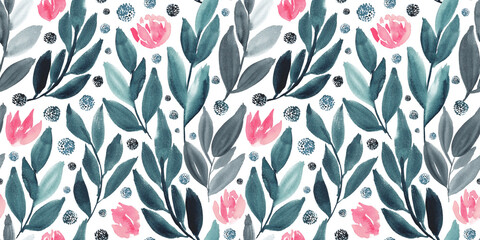 Watercolour floral in pink, teal and grey. Seamless pattern.  - 793846808