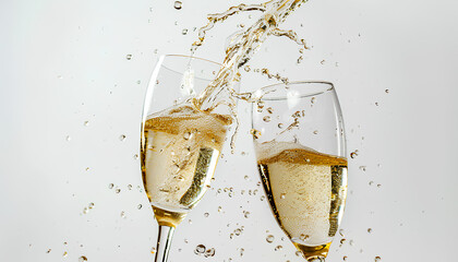Two glasses of champagne with splash, isolated on white background