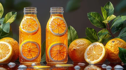 Foto op Plexiglas Drink in a glass bottle. Fruit flavoured lemonade, natural citrus beverages, cool refreshment. Organic juice, cocktail, soda water. Flat graphic modern illustration isolated on white. © DZMITRY