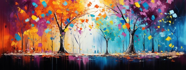 Colorful rainbow colors acrylic oil color painting, abstract forest trees with fallen leaves brush art on canvas illustration