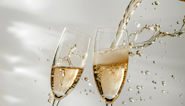 Two glasses of champagne with splash, isolated on white background