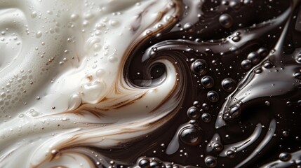 Macro shot of milk and coffee intertwining in a dance of dark and light hues