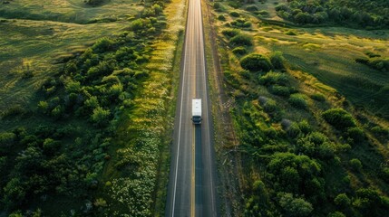 Aerial view of a truck driving down a rural road in the midst of a vast green field on a sunny day