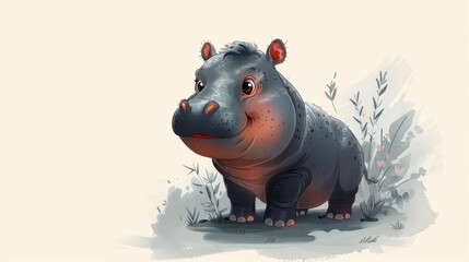 The cutest baby hippo. This cute Scandinavian African hippopotamus is an adorable kawaii safari animal in Scandi Nordic style. Original modern illustration in white for kids. - obrazy, fototapety, plakaty