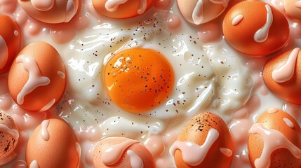 Endless background for decoration. Eggs, raw and cooked yolks, proteins, shell and repeating pattern. Based on modern illustration. Endless background for packaging, textiles, clothing.