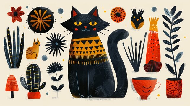 Modern decorative clipart set with abstract shapes, people, creative design elements, funky doodles, and animals. Isolated flat graphic modern illustrations.