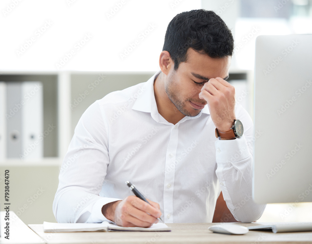 Leinwandbilder man, office and stress with writing notes fro research as web designer with deadline or overtime. we