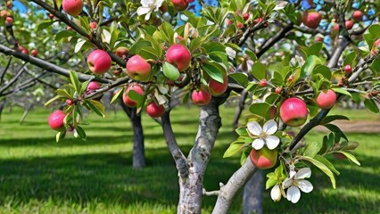 Apple orchard with apples on trees, gardening