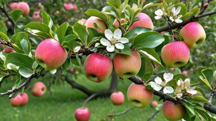 Apple orchard with apples on trees, gardening