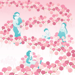 카네이션 꽃이 만발한 꽃길에서 봄을 만끽하는 한복입은 사람들에대한 벡터 일러스트레이션				
